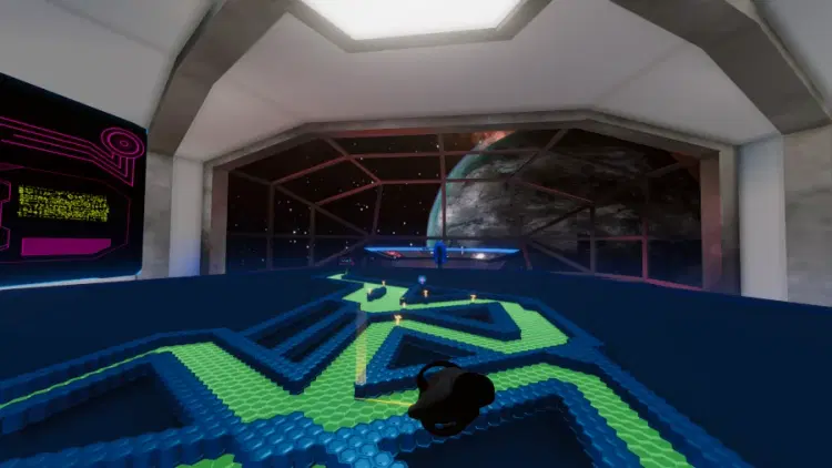 AIRA VR – Player uses holographic map to place and upgrade defense towers during strategic phase.