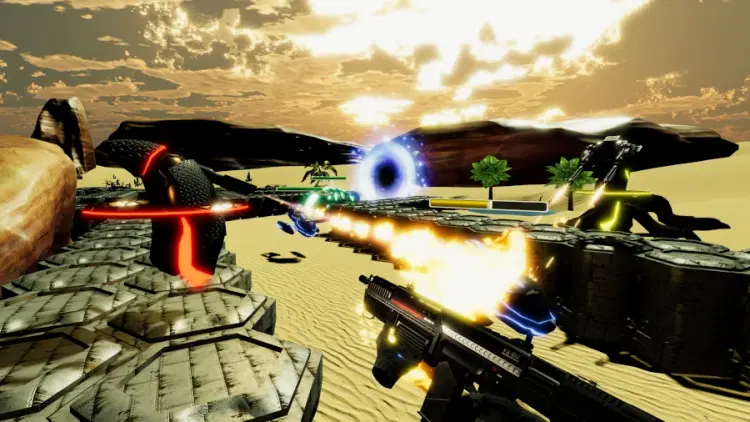 AIRA VR – Player and towers attack enemy with flames and lasers on a sci-fi battlefield.