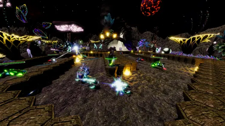 AIRA VR – Defense towers fire energy beams at enemies on a colorful alien battlefield.