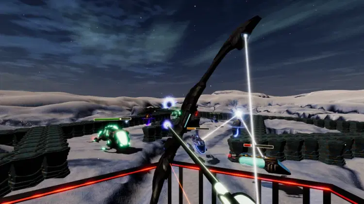 AIRA VR – Player fires arrows from icy cliffside into snowy landscape below.