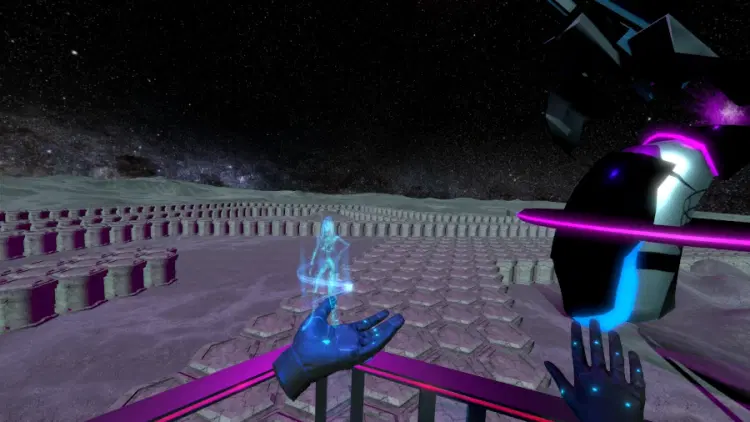 AIRA VR – Player holds glowing hologram of AI assistant AIRA in immersive VR interface.