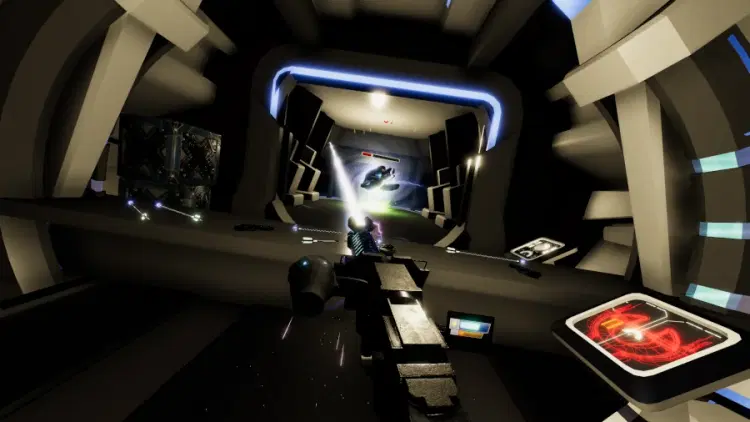 AIRA VR – Player fires massive energy beam gun with sparks and glowing VFX.