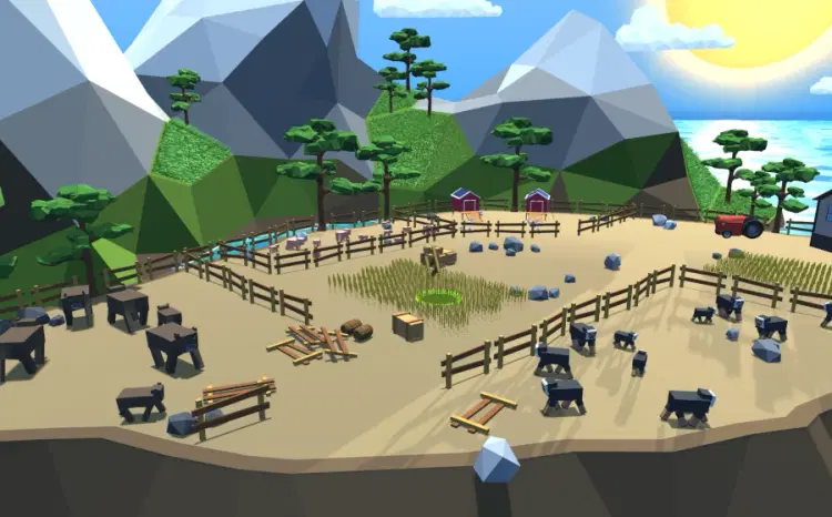 Wholehole Game – Low-poly farm swallowed by expanding hole in stylized gameplay scene.