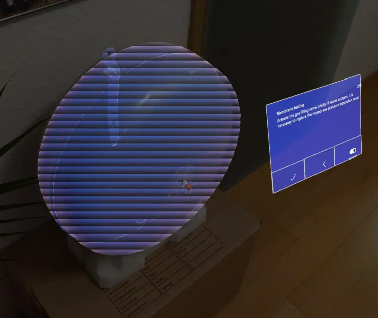 HoloLens-Ansicht mit AR-Wartungsanleitung, 3D-Anweisungen und interaktiven Overlays.