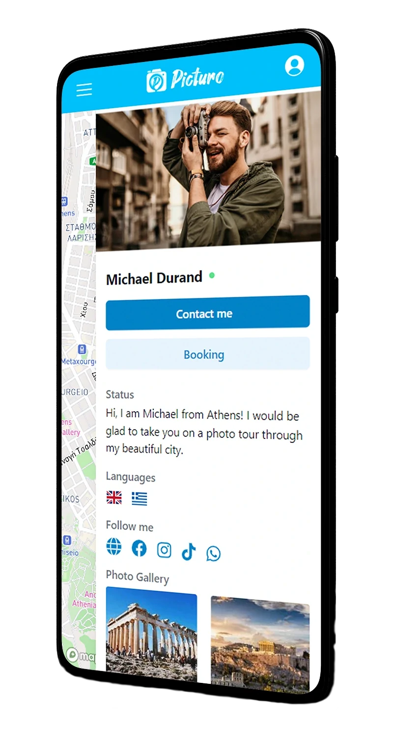 A smartphone screen displays the Picturo application, showing a photographer’s profile with a profile picture, a collection of their photos, and various details such as their name, bio, and social media links. The app interface is sleek and modern, with vibrant images and easy-to-read text.