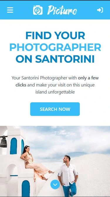 The Picturo landing page displayed on a smartphone screen, featuring a large image of a couple in front of a blue-and-white Santorini building. Above the image, a prominent ‘Search Now’ button invites users to find photographers in the area, with a clean, modern layout focused on the stunning Santorini backdrop.